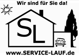 Haus-Skizze mit Auto und Baum, Text: "Wir sind für Sie da!" und "www.SERVICE-LAUF.de".
