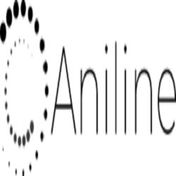 Logo with the word "Aniline" and a circular design made of dots on the side.