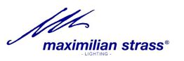 Logo con firma blu e scritta "maximilian strass lighting" in blu su sfondo bianco.