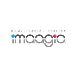 Logo de "imagio" con texto "comunicación gráfica" y puntos azul y rosa sobre la "i".