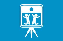 Symbol von zwei Silhouetten in einem Fotoautomaten, Hintergrund blau.