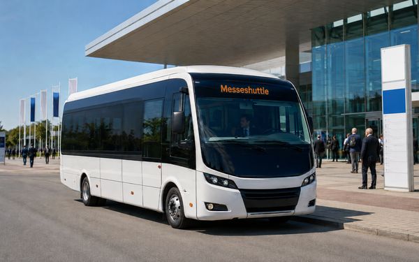 Messeshuttle vor einer modernen Messehalle mit Besuchern auf dem Messegelände.