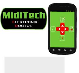 Handy mit grüner App-Oberfläche und MidiTech Logo: "Elektronik Doctor" in Rot und Weiß.