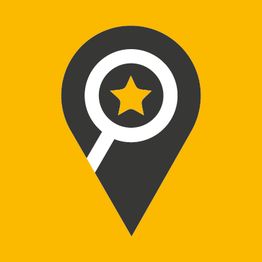 Schwarze Karten-Pin-Ikone mit Lupe und gelbem Stern auf orangem Hintergrund.