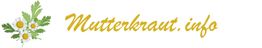 Mutterkraut.info-Logo mit gelber Schrift und gezeichneten Kamillenblüten links daneben.