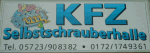 Schild mit Text "KFZ Selbstschrauberhalle" und Telefonnummern, Grafik: schraubender Mensch.