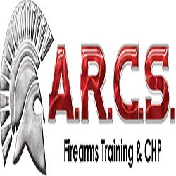 Logo with a Spartan helmet and red text: "A.R.C.S. Firearms Training & CHP".