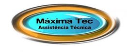 Logotipo oval com texto "Máxima Tec Assistência Técnica" em fundo azul e borda dourada.