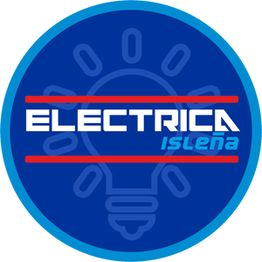 Logotipo azul de "Eléctrica Isleña" con bombilla en el fondo.