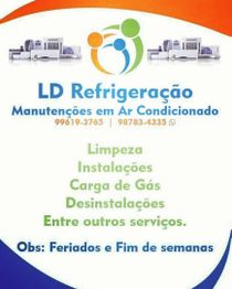 Cartaz da LD Refrigeração oferecendo serviços de ar condicionado como limpeza e instalações.