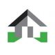 Abstract house logo with black, gray, white, and green geometric shapes.