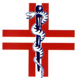 Croce rossa con bastone e serpente avvolto, simbolo di medicina.