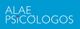 Texto "ALAE PSICÓLOGOS" en fondo azul, con punto rojo en la letra "i" de psicólogos.