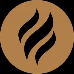 Bruine cirkel met drie zwarte golvende lijnen in het midden.