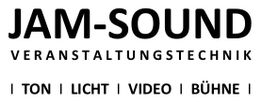 JAM-SOUND Logo, Text: Veranstaltungstechnik, Ton, Licht, Video, Bühne.