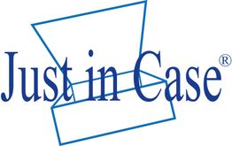 Logo van "Just in Case" met blauwe dooslijntekening.