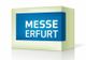 Blaues Logo mit der Aufschrift "MESSE ERFURT" in weiß auf einem 3D-Rechteck.