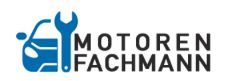 Logo mit blauem Auto und Schraubenschlüssel, daneben der Text "MOTOREN FACHMANN".