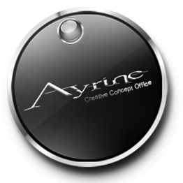Bouton noir et argenté avec texte "Ayrine Creative Concept Office".