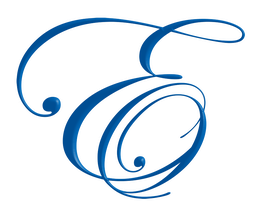 Disegno elaborato di lettere stilizzate blu su sfondo bianco.