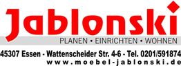 Jablonski Möbel-Logo mit Adresse und Kontaktdaten, Essen, Wattenscheider Str. 4-6.