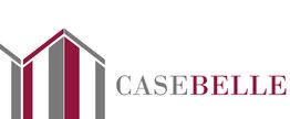 Logo CaseBelle con linee verticali rosse e grigie stilizzate a forma di casa.