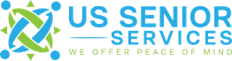 US Senior Services logo with motif and tagline "We Offer Peace of Mind" in blue and green.