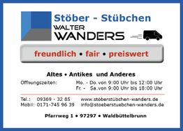 Stöber-Stübchen-Schild mit Öffnungszeiten und Kontaktdaten in blau-rotem Design.