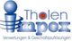 Blaues und rotes Logo mit Schriftzug "Tholen Impex" und "Verwertungen & Geschäftsauflösungen".