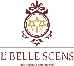 Logotipo L'Belle Scens: emblema floral dourado e bordô com a frase "sua essência, seu sucesso".