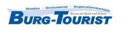 Logo von "Burg-Tourist" mit Slogan: "Reisen mit Spaß und Niveau" in Blau und Weiß.