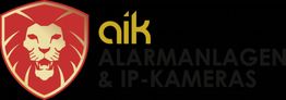 Rotes Löwensymbol links, rechts gelber Schriftzug "aik Alarmanlagen & IP-Kameras" auf schwarzem Hintergrund.