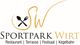 Logo von "Sportpark Wirt" mit Besteck-Symbol, Restaurant, Terrasse, Festsaal, Kegelbahn.