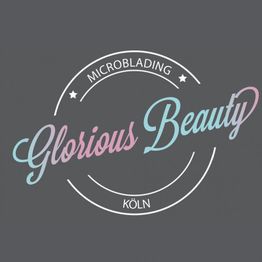 Logo mit Text "Glorious Beauty, Köln, Microblading" auf grauem Hintergrund.