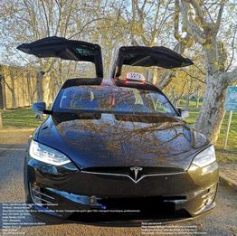 Voiture Tesla noire avec portes papillon ouvertes, stationnée sous des arbres en bord de route.