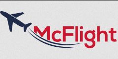 Logo mit blauem Flugzeug und roter Schrift "McFlight" mit Flugbahn.​