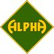 Logo "ALPHA" su sfondo verde e giallo, testo stilizzato all'interno di rombo.