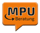 Orange Sprechblase mit schwarzem Text "MPU Beratung" und einem Pfeil darunter.
