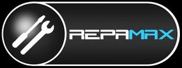 Schwarzes Logo, links Werkzeuge, rechts "REPAMAX" in weiß und blau.