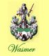Wappen mit Ritterhelm, Schwert, grünem und rotem Muster, darunter der Schriftzug "Wasmer".