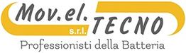 Logo di Mov.el.Tecno, testo "Professionisti della Batteria" con sfondo bianco e dettagli gialli.