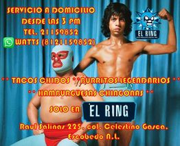 Luchadores promocionan servicio de comida con tacos, burritos y hamburguesas en "El Ring".