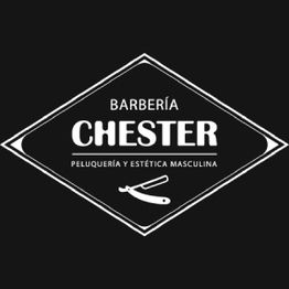 Logo de Barbería Chester con navaja y texto de peluquería masculina en fondo negro.