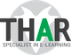 Logo van THAR: Specialist in E-learning, met grijze achtergrond en groene 'A'.