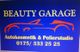 BEAUTY GARAGE Logo in Blau und Orange, Autokosmetik & Polierstudio, mit Telefonnummer.