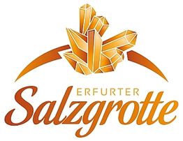 Logo der Erfurter Salzgrotte mit orangen Kristallen und geschwungener Schrift.