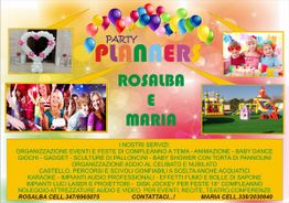 Volantino colorato di Party Planners con immagini di feste e servizi offerti da Rosalba e Maria.