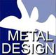 Logo "Metal Design" con sfondo blu e bianco astratto.
