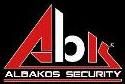 Logo mit Schriftzug "ALBAKOS SECURITY" in Rot und Weiß auf schwarzem Hintergrund.