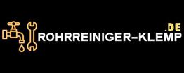 Illustration von Wasserhahn, Schraubenschlüssel und Text: "Rohrreiniger-Klemp.de" auf schwarzem Hintergrund.